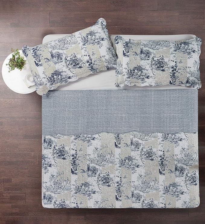 Brilliant Sunshine Blue Toile in Beige and Ivory Patches, 3-Piece Quilt Set - Image 7