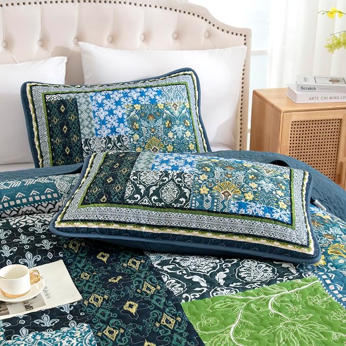 WONGS BEDDING Boho Quilt Queen, 3 Pieces Teal Patchwork Quilt Soft Coverlet - Image 7