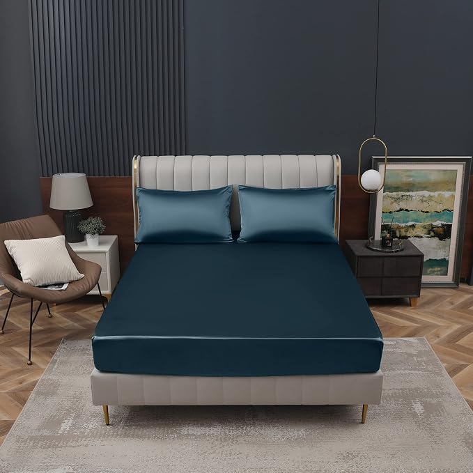 Homiest Deep Sea Blue Satin Fitted Sheet Twin Size, Deep Pocket, Luxury & Ultra - Image 2