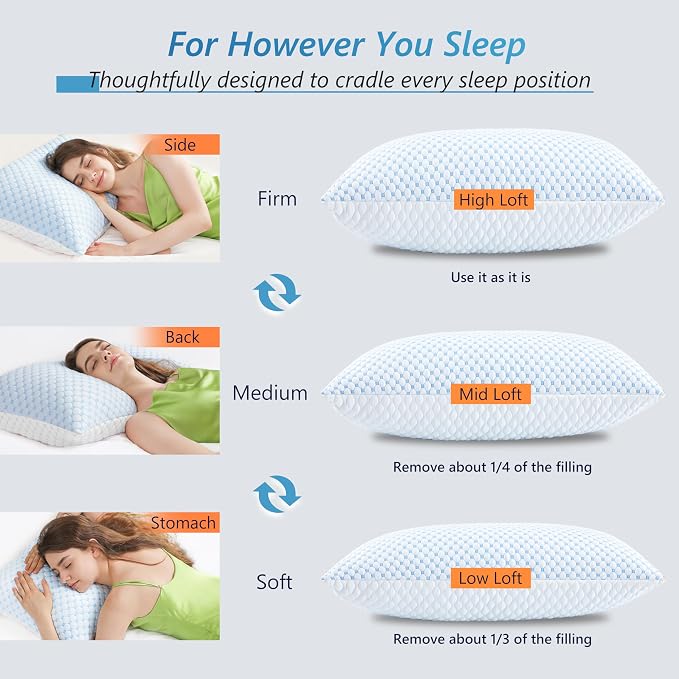 UYWO Cooling Firm Bed Pillows Set of 2, Shredded Memory Foam Pillows - Image 6