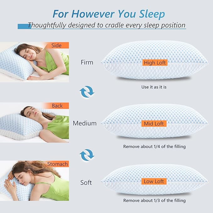 UYWO Cooling Firm Bed Pillows Set of 2, Shredded Memory Foam Pillows - Image 6