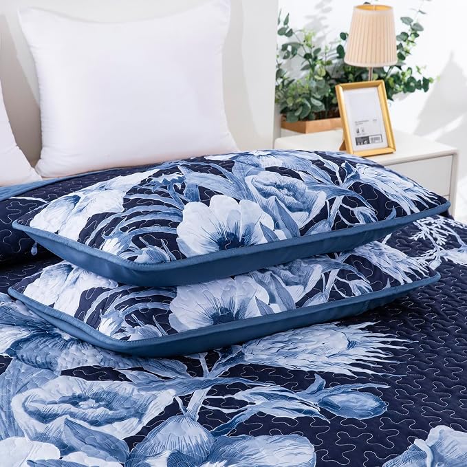 Floral Quilt Set King 3 Pieces Navy Blue Floral Quilt Coverlet Set Soft - Image 8