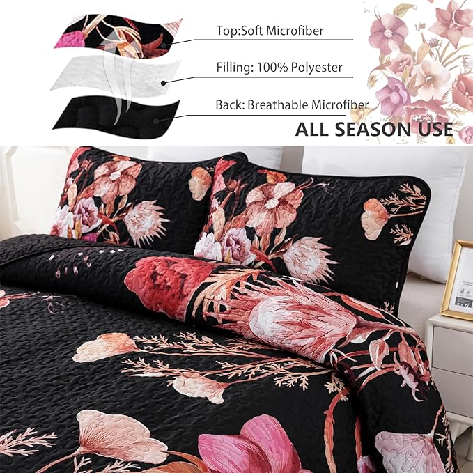 Floral Quilt Set Queen 3 Pieces Red Floral Quilt Coverlet Set Soft Microfiber - Image 5
