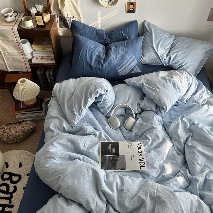 mixinni 100% Washed Cotton Duvet Cover Set King Size, Solid Light Blue Ocean - Image 3