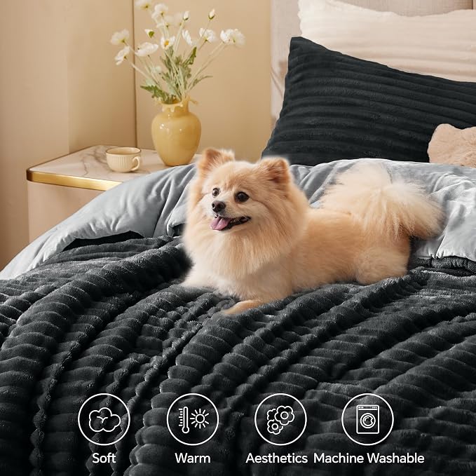 BEDELITE Fleece California King Comforter Set -Super Soft & Warm Fluffy Black - Image 3
