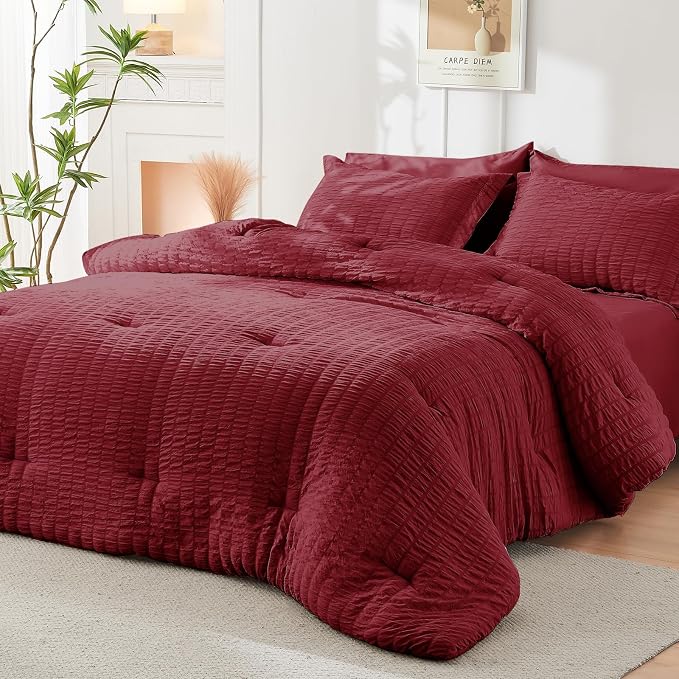 HYMOKEGE Burgundy Full Size Comforter Sets Seersucker 7 Pieces, All Season - Image 8