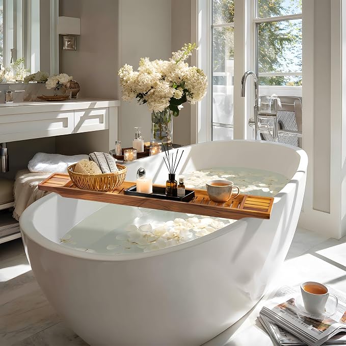 VaeFae Teak Bathtub Tray, Wooden Bath Caddy - Image 6
