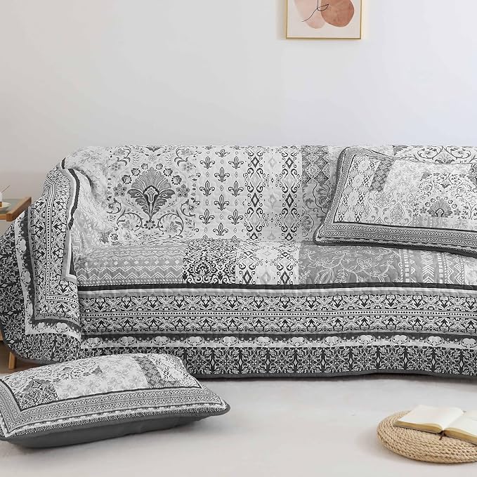 WONGS BEDDING Grey Quilt Set King Size, Bohemian Floral Patchwork Bedspread - Image 8