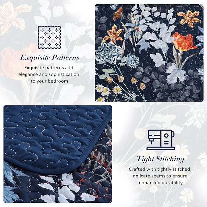 Yiran Navy Blue Sunflower Floral Quilts Queen Size, Botanical Fall Bedspread - Image 7
