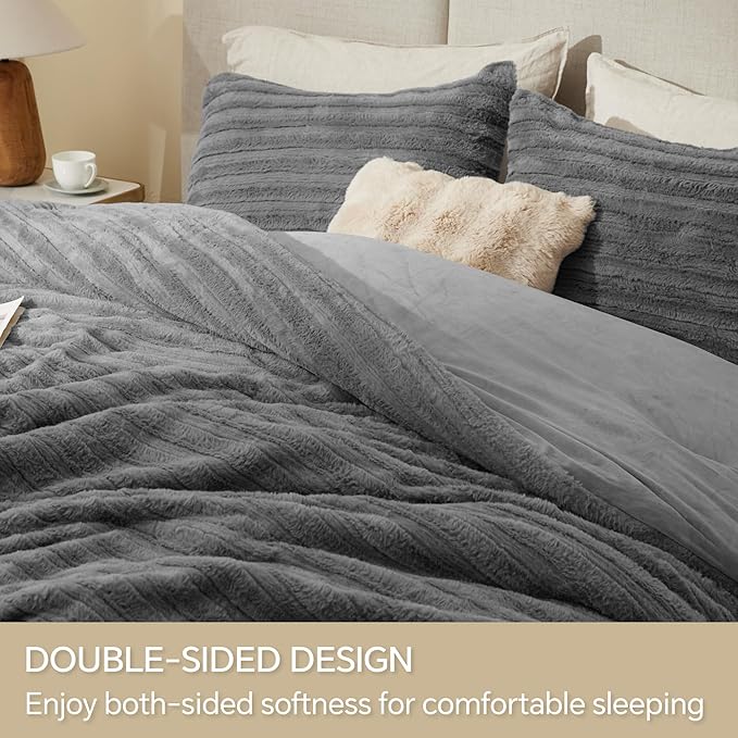 BEDELITE Fleece King Comforter Set -Super Soft & Warm Fluffy Grey Faux Fur - Image 4