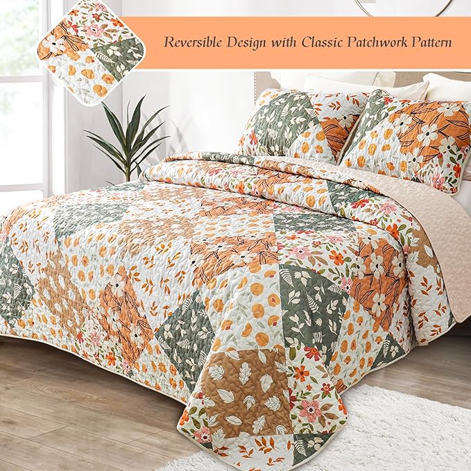 Whale Flotilla Patchwork Quilt Twin Size, Extra Soft Boho Floral Bedspreads - Image 2