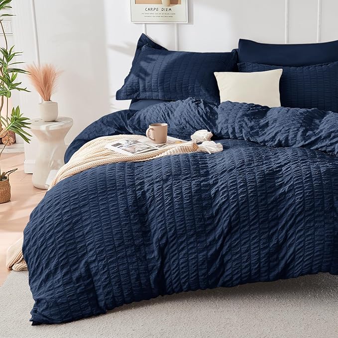 HYMOKEGE Navy Blue California King Comforter Set Seersucker 7 Pieces, All - Image 2