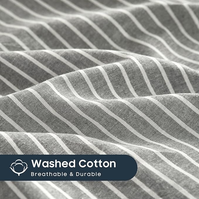 Wake In Cloud - Striped Cotton Duvet Cover Set, 100% Washed Cotton Textured - Image 6