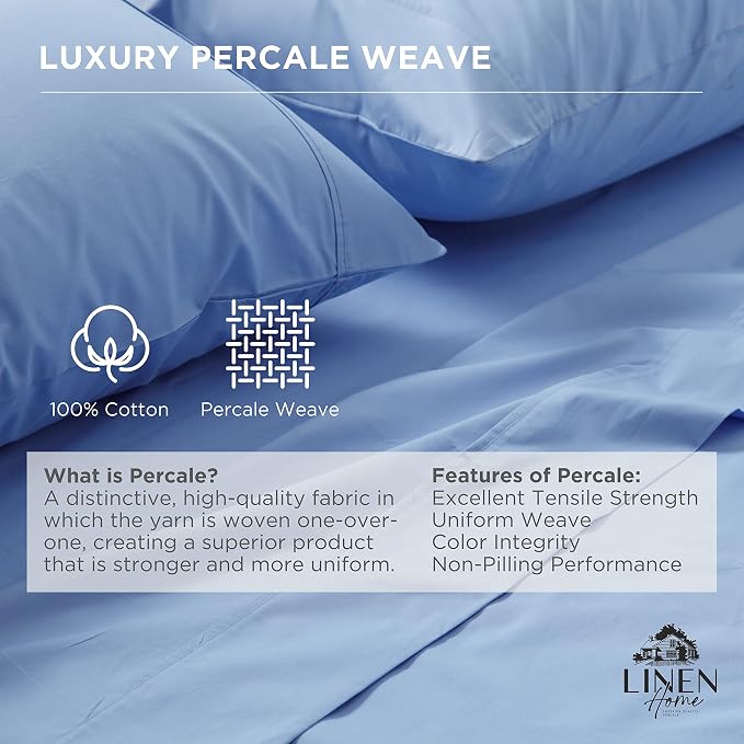 Linen Home 100% Cotton Percale Flat Sheet Only, King Size - Image 2