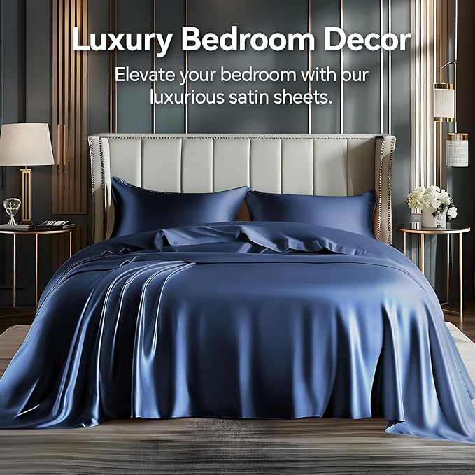 BEDELITE Satin Sheets Twin XL Size Bed Set, Luxury Soft Navy Silky Sheets - Image 2