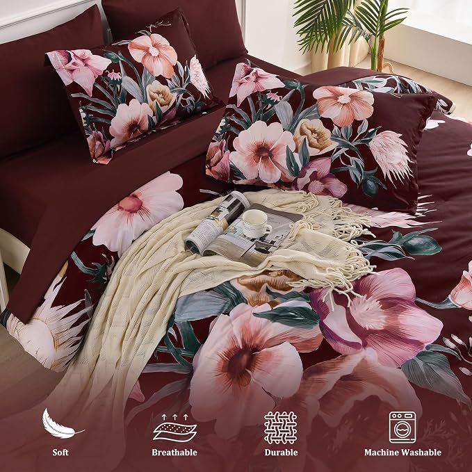 Luxudecor Burgundy Floral Comforter Set King Size 7 Piece, Flower Bed in a Bag - Image 4