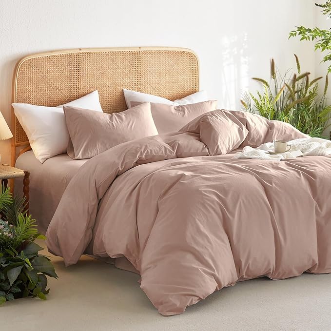 Wake In Cloud - Cotton Duvet Cover Set, Queen Size, Dusty Rose Pink, 100% - Image 3