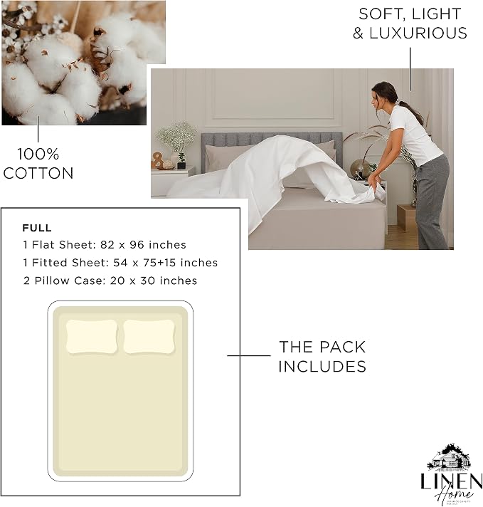 Linen Home 100% Cotton Percale Sheets Full Size, Deep Pocket, 4 Pieces Set - Image 6