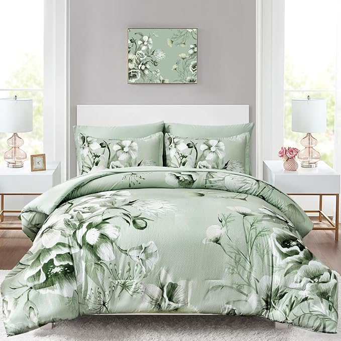 Luxudecor Floral Comforter Set Queen Size 7 Piece, Sage Green Flower Bed in a by Luxudecor