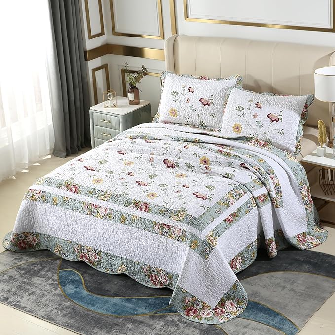 ROOMLIFE Quilt Set Full Size 3D Floral Embroidery Pattern 3-Piece Cotton by ROOMLIFE