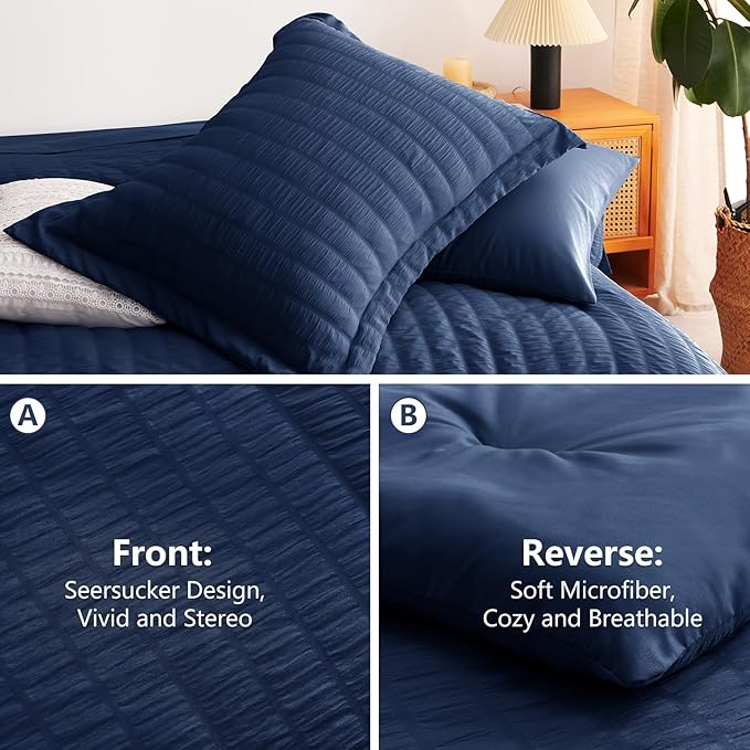 CozyLux Oversized Queen Comforter Set Navy Blue Seersucker 7 Pieces 98x98 Bed - Image 4
