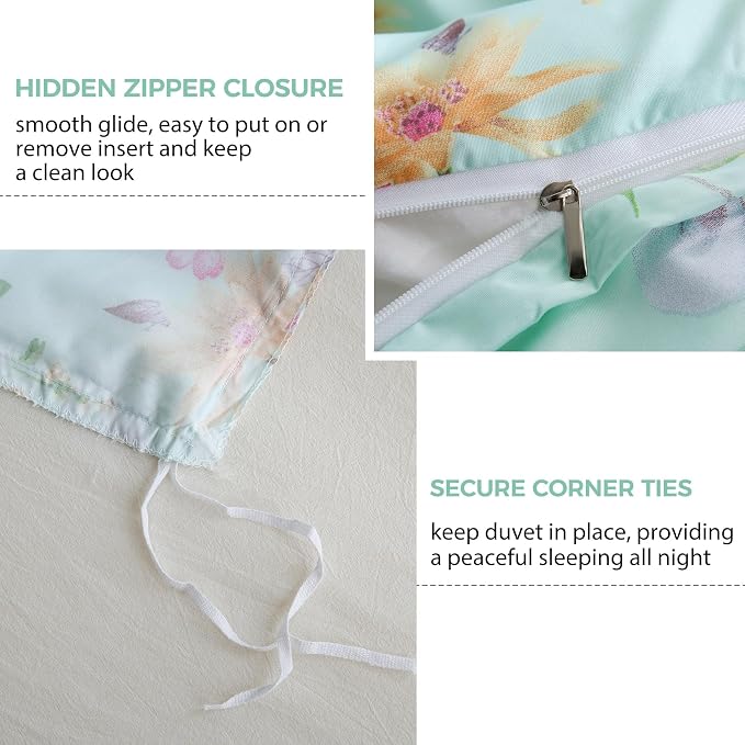 JSD Green Floral Duvet Cover Set King Size, 3 Piece Botanical Printed - Image 3