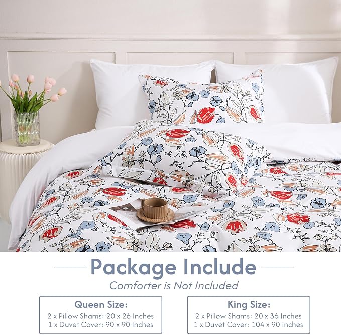 LONAVA Queen Flower 3 Pcs Duvet Cover Set, Breathable Soft Microfiber White - Image 6