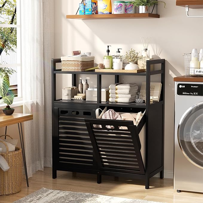 Homykic Tilt Out Laundry Hamper Cabinet, Bamboo Double Laundry Hamper - Image 3