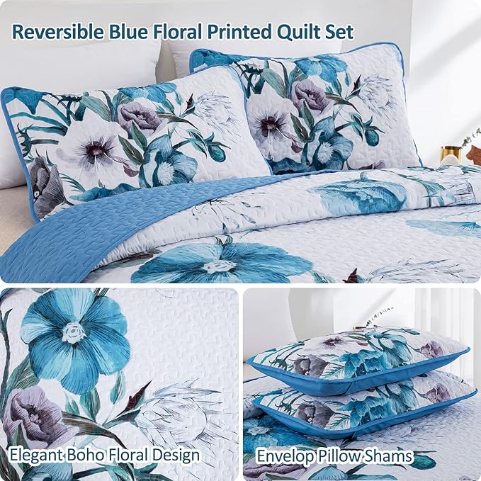 Floral Quilt Set King 3 Pieces Boho Blue Floral Quilt Coverlet Set Soft - Image 5