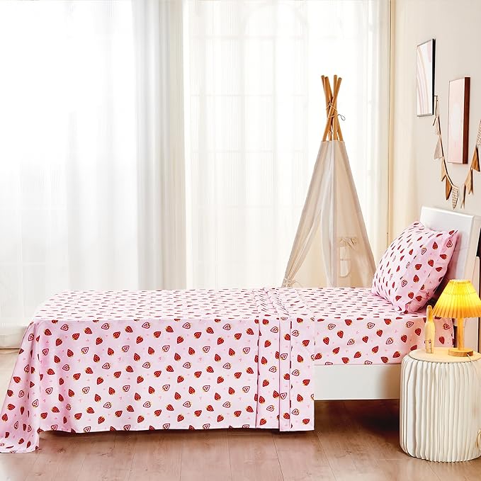 lasoftan Pink Strawberry Printed Kids Sheet Set Twin Size, Bed Sheets - Image 6