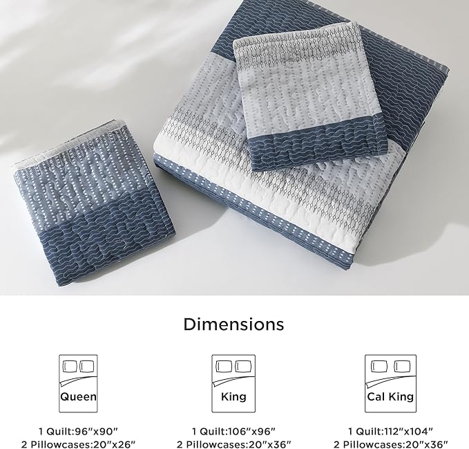 Litanika Queen Quilt Set Navy Blue, Stripe Patchwork Bedspread Coverlet 3 Pieces - Image 6