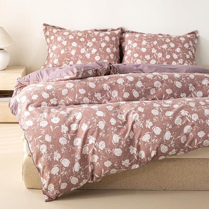 OAITE Purple Flower Twin Size Duvet Cover-3 Pieces Prewashed Cotton-Like - Image 3