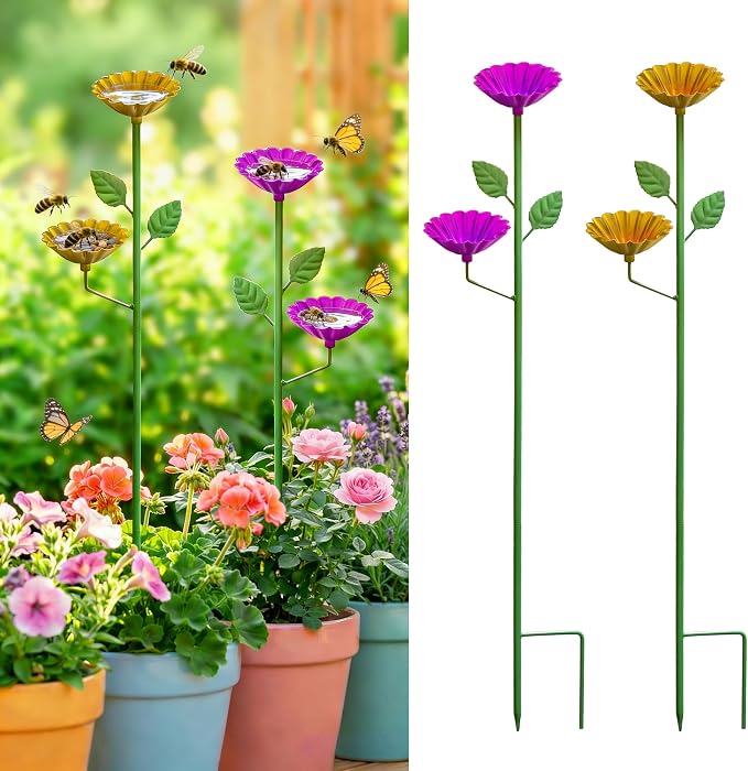 2 Pack Bee Watering Station, Metal Flower Garden Stakes by StainedGlassSuncatcher