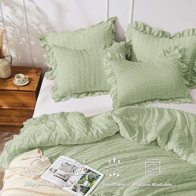 JOLLYVOGUE Sage Green Queen Comforter Set, 3 Pieces Seersucker Comforters Queen - Image 2