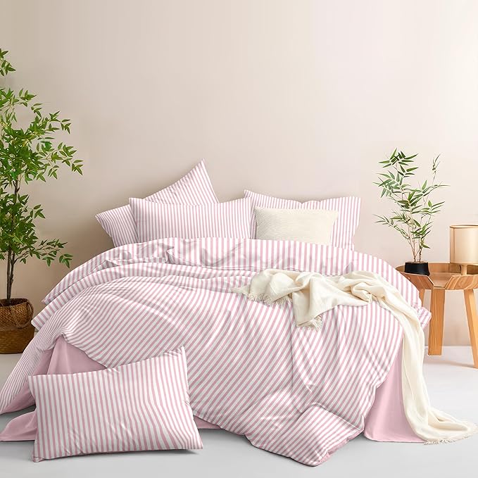 Nayoroom Pink Striped Duvet Cover King Size White Stripe Duvet Cover Dorm - Image 4