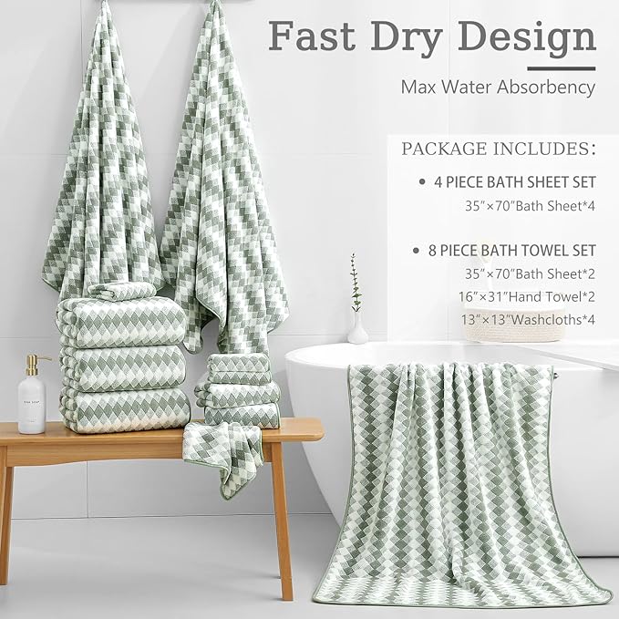 8 Piece Bathroom Towel Set Green |2 Oversized Large Bath Towels Sheet, 2 Hand - Image 4