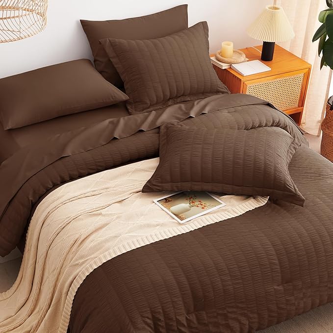CozyLux Queen Comforter Set Brown Seersucker 7 Pieces Bed in a Bag Queen - Image 6