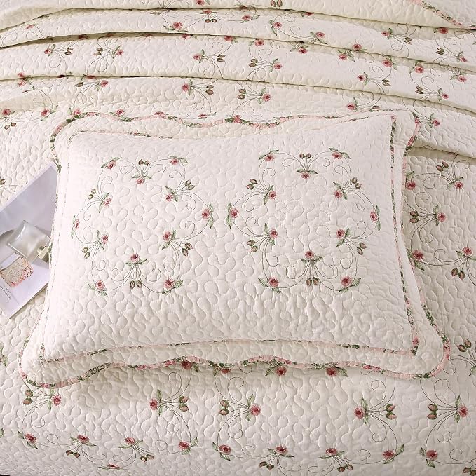 Quilt Set Floral Leaves 3D Embroidery Pattern 3 PCS Cotton Reversible Quilted - Image 5