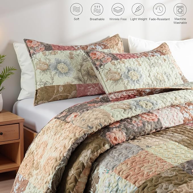Whale Flotilla Patchwork Quilts Queen Size, Soft Boho Floral Bedspreads - Image 3