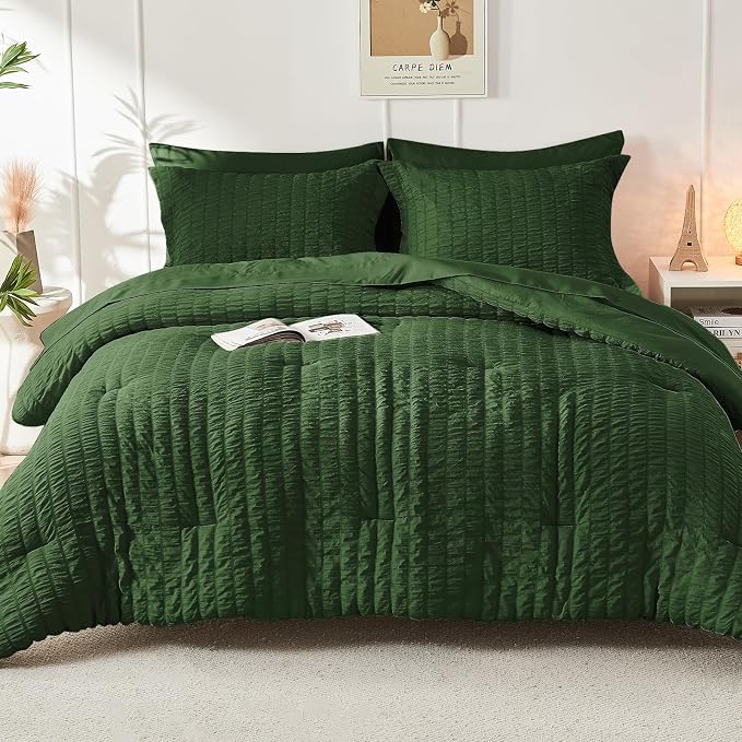HYMOKEGE Dark Green California King Comforter Set Seersucker 7 Pieces, All - Image 8
