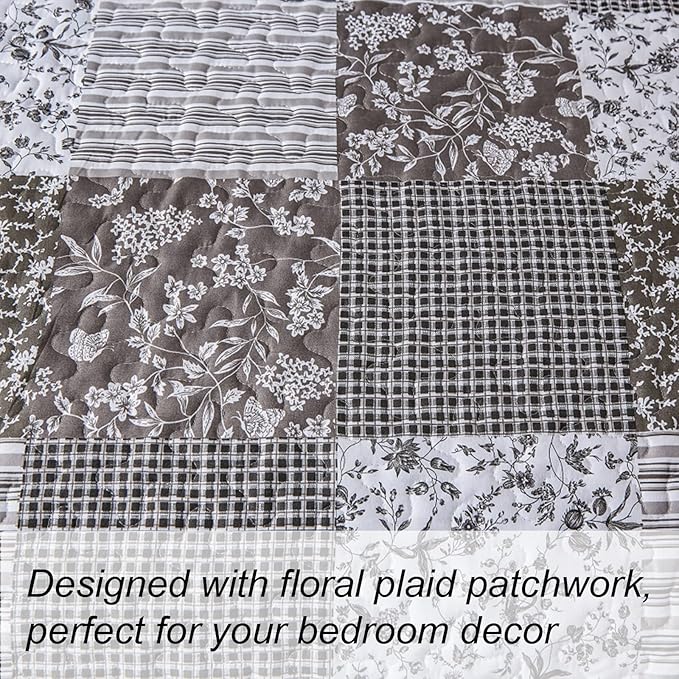 Mybedsoul Grey Boho Quilt Set King Size, 3 Pieces Plaid Floral Bedspread - Image 4