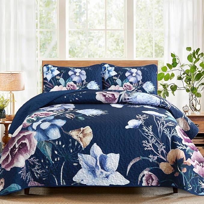 Drucon Blue Floral Quilt Set Queen Size 3 Pieces Blue Botanical Flower Quilt by DRUCON