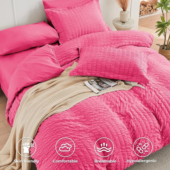 HYMOKEGE Hot Pink King Size Comforter Set Seersucker 7 Pieces, All Season - Image 3