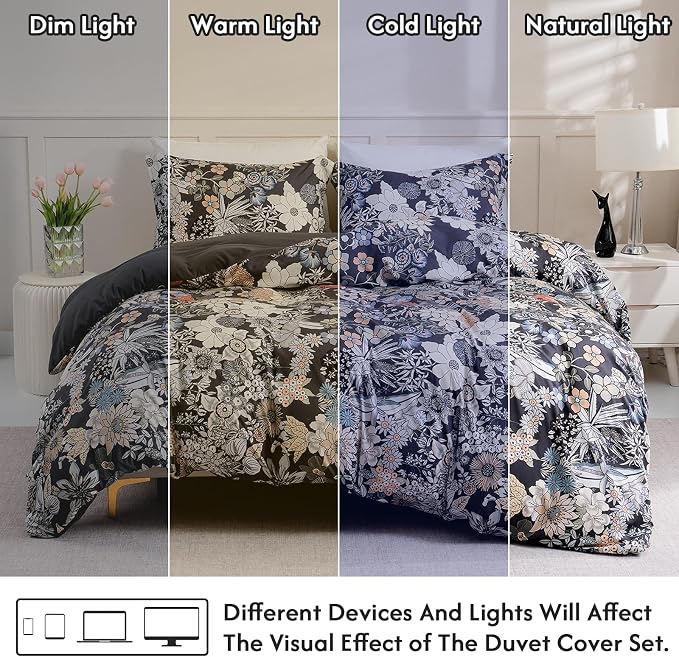 LONAVA King Flower 3 Pcs Duvet Cover Set, Breathable Soft Microfiber Black - Image 5