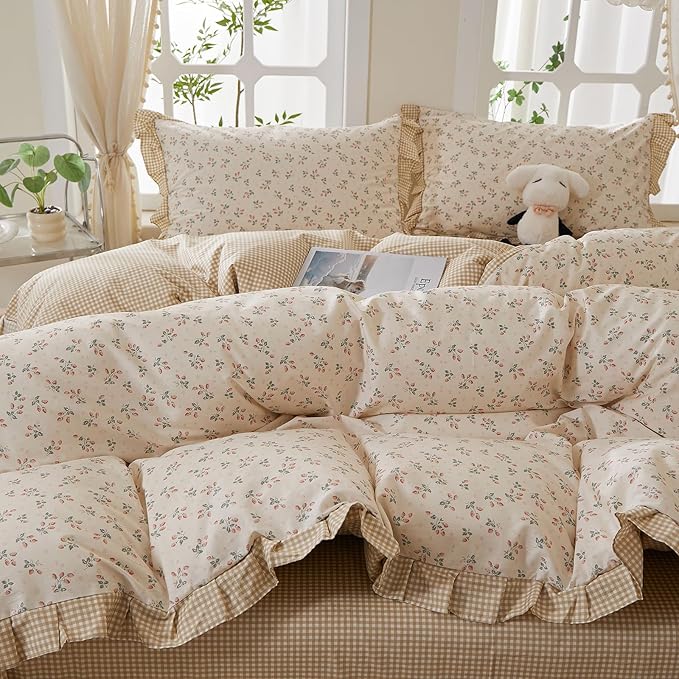 mixinni Beige Floral Duvet Cover Queen Size, 100% Cotton Cute Strawberry Floral - Image 3
