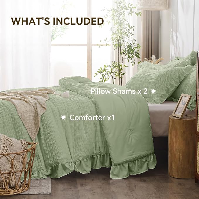 JOLLYVOGUE Sage Green Queen Comforter Set, 3 Pieces Seersucker Comforters Queen - Image 5