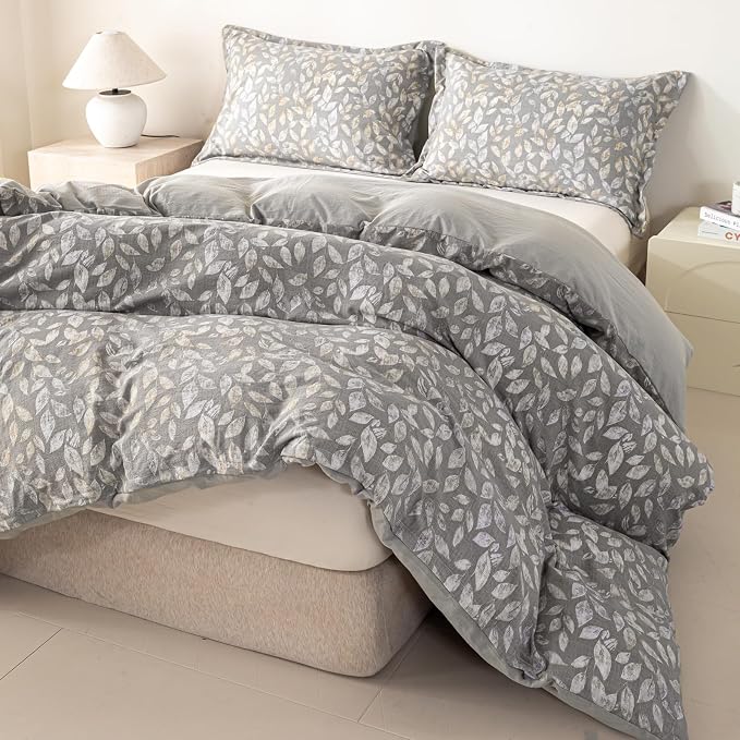 OAITE Grey Leaves Twin Size Duvet Cover-3 Pieces Prewashed Cotton-Like - Image 5