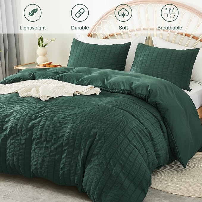 AveLom Dark Green Seersucker Duvet Cover Set King Size, 3 Pieces, Ultra Soft - Image 2