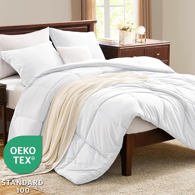 CozyLux Oversized Queen Comforter Set, 3 Pieces White 98x98 Box Stitched Design - Image 3