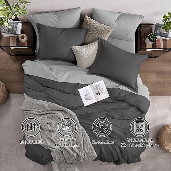 Monbix King Size Comforter Set, Dark Grey King Size Bed Set Reversible 7 Pieces - Image 2